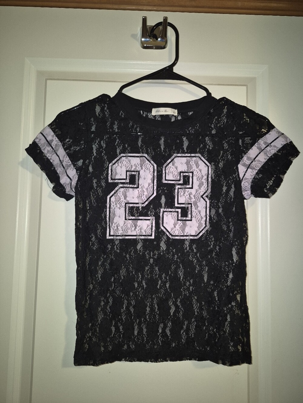 Black Lace Number 23 Short Sleeve Top with Pink Accents